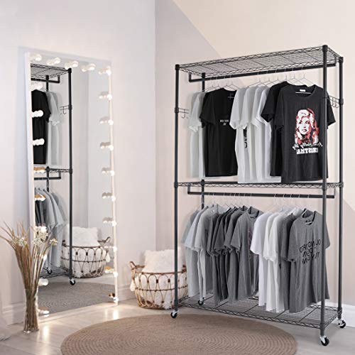 Homdox Rolling Garment Rack with Double Rod, Heavy Duty Clothing Rack with Shelves, Portable Clothes Rack, Free Standing Wardrobe Rack, with Lockable Wheels & Hanging Hooks, Max Load 450 LBS, Black