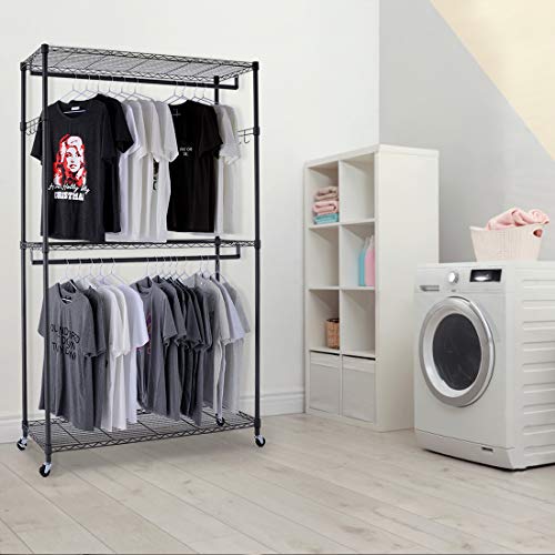 Homdox Rolling Garment Rack with Double Rod, Heavy Duty Clothing Rack with Shelves, Portable Clothes Rack, Free Standing Wardrobe Rack, with Lockable Wheels & Hanging Hooks, Max Load 450 LBS, Black