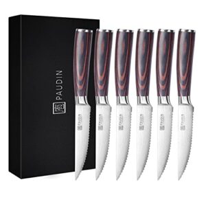 paudin steak knives set of 6, kitchen steak knife 4.5 inch, high carbon stainless steel steak knives, serrated steak knife with pakkawood handle, dinner knives with gift box