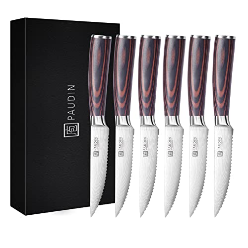 PAUDIN Steak Knives Set of 6, Kitchen Steak Knife 4.5 Inch, High Carbon Stainless Steel Steak Knives, Serrated Steak Knife with Pakkawood Handle, Dinner Knives with Gift Box