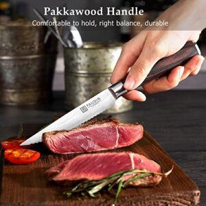 PAUDIN Steak Knives Set of 6, Kitchen Steak Knife 4.5 Inch, High Carbon Stainless Steel Steak Knives, Serrated Steak Knife with Pakkawood Handle, Dinner Knives with Gift Box