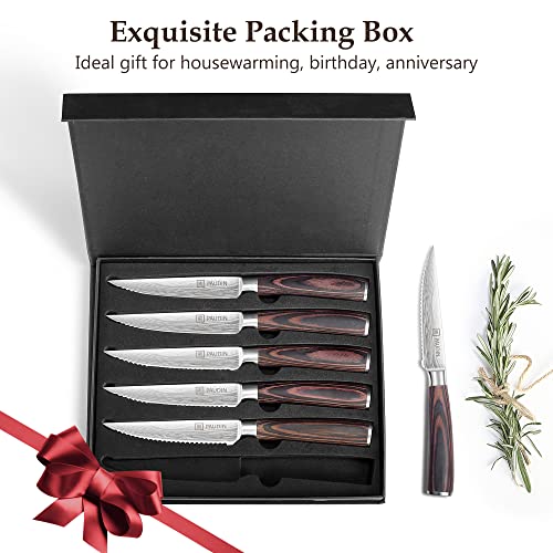 PAUDIN Steak Knives Set of 6, Kitchen Steak Knife 4.5 Inch, High Carbon Stainless Steel Steak Knives, Serrated Steak Knife with Pakkawood Handle, Dinner Knives with Gift Box