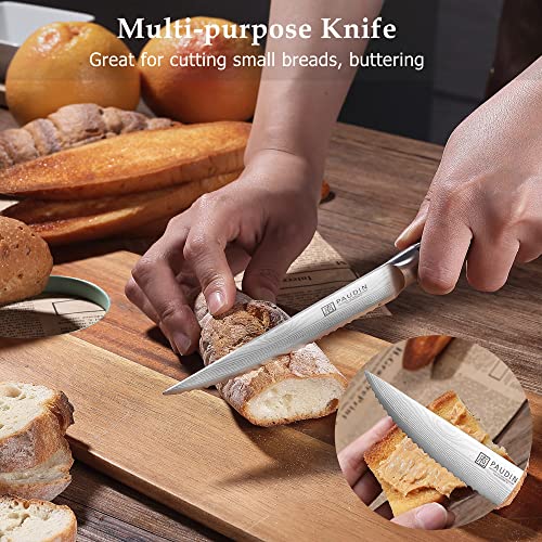 PAUDIN Steak Knives Set of 6, Kitchen Steak Knife 4.5 Inch, High Carbon Stainless Steel Steak Knives, Serrated Steak Knife with Pakkawood Handle, Dinner Knives with Gift Box