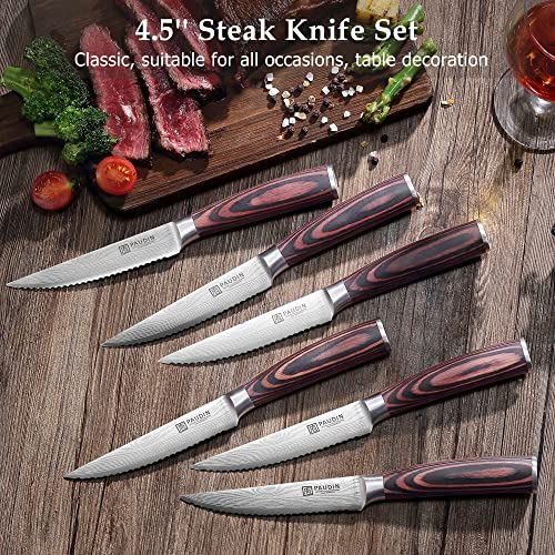 PAUDIN Steak Knives Set of 6, Kitchen Steak Knife 4.5 Inch, High Carbon Stainless Steel Steak Knives, Serrated Steak Knife with Pakkawood Handle, Dinner Knives with Gift Box