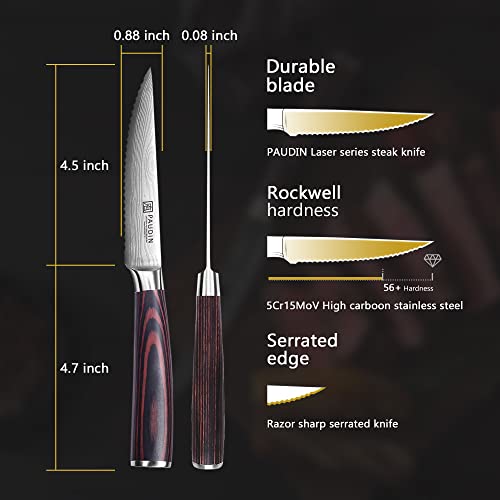 PAUDIN Steak Knives Set of 6, Kitchen Steak Knife 4.5 Inch, High Carbon Stainless Steel Steak Knives, Serrated Steak Knife with Pakkawood Handle, Dinner Knives with Gift Box