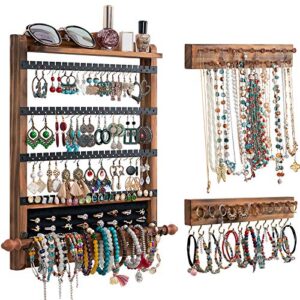 qilichz jewelry organizer wall mounted wall jewelry organizer set of 3 wood hanging jewelry organizer rustic jewelry hanger for jewelry storage display gift (brown+black)