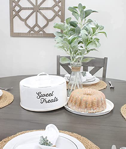 AuldHome Enamelware White Cake Cover; Rustic Decorative Cake Plate with Domed Lid