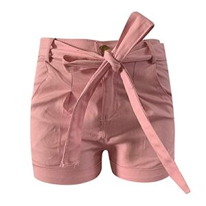 women's casual bowknot short jeans summer high waist short denim pants with belt rolled hem denim shorts plus size (pink,3x-large)