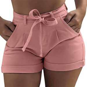 Women's Casual Bowknot Short Jeans Summer High Waist Short Denim Pants With Belt Rolled Hem Denim Shorts Plus Size (Pink,3X-Large)