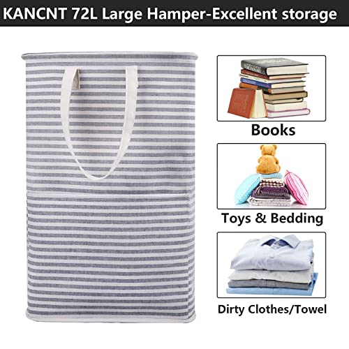 KANCNT Collapsible Laundry Hamper,72L Large Clothes Hamper with Pocket, Freestanding Foldable Laundry Basket with Long Handles for Bathroom,Bedroom, Nursery,College Dorm, Closet Storing, toys, Grey
