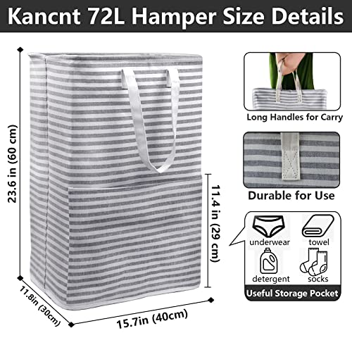 KANCNT Collapsible Laundry Hamper,72L Large Clothes Hamper with Pocket, Freestanding Foldable Laundry Basket with Long Handles for Bathroom,Bedroom, Nursery,College Dorm, Closet Storing, toys, Grey
