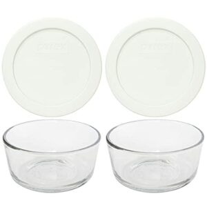 pyrex (2 7200 glass bowls & (2) 7200-pc white lids