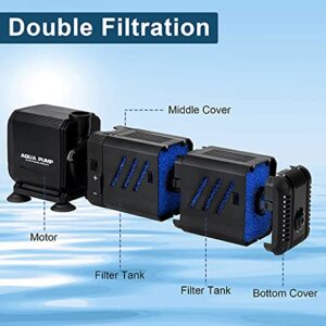 HUJIKF Submersible Aquarium Filter, 12W Fish Tank Filter 4-in-1 Diving Double Layer Filter Adjustable Oxygen Fountain Pump Internal Filter Used for Underwater Fish Tank & Aquarium, black