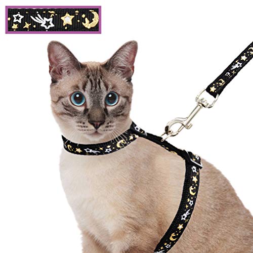 Cat Harness and Leash Set for Outdoor Walking Escape Proof Adjustable Soft Safety Strap with Golden Star and Moon Design Glow in The Dark Black Large