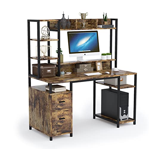 PAKASEPT Computer Desk with Hutch and Storage Shelf, 55" Home Office Desk with Drawer and Monitor Stand Riser Drawer Industrial Study Writing Table Workstation for Home and Office