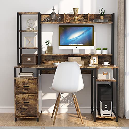 PAKASEPT Computer Desk with Hutch and Storage Shelf, 55" Home Office Desk with Drawer and Monitor Stand Riser Drawer Industrial Study Writing Table Workstation for Home and Office