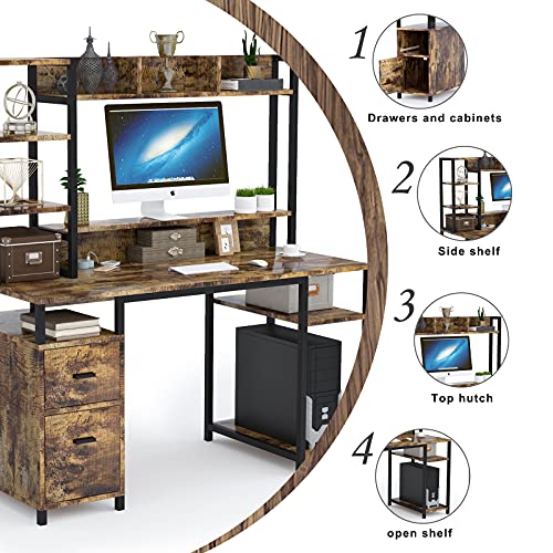 PAKASEPT Computer Desk with Hutch and Storage Shelf, 55" Home Office Desk with Drawer and Monitor Stand Riser Drawer Industrial Study Writing Table Workstation for Home and Office