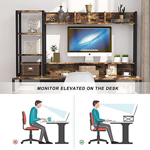 PAKASEPT Computer Desk with Hutch and Storage Shelf, 55" Home Office Desk with Drawer and Monitor Stand Riser Drawer Industrial Study Writing Table Workstation for Home and Office