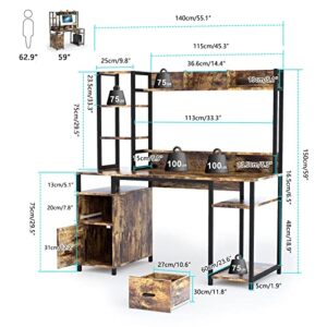 PAKASEPT Computer Desk with Hutch and Storage Shelf, 55" Home Office Desk with Drawer and Monitor Stand Riser Drawer Industrial Study Writing Table Workstation for Home and Office