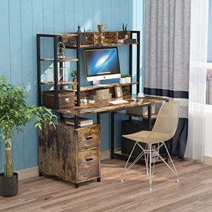 PAKASEPT Computer Desk with Hutch and Storage Shelf, 55" Home Office Desk with Drawer and Monitor Stand Riser Drawer Industrial Study Writing Table Workstation for Home and Office