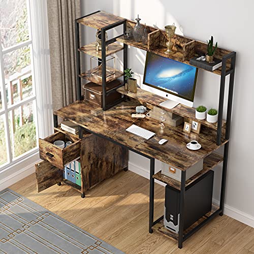 PAKASEPT Computer Desk with Hutch and Storage Shelf, 55" Home Office Desk with Drawer and Monitor Stand Riser Drawer Industrial Study Writing Table Workstation for Home and Office