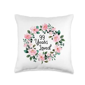 mom grandma 99th birthday gift apparel loved men women 99 years old floral 99th birthday throw pillow, 16x16, multicolor