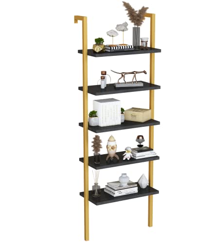 DKLGG 5-Tier Book Shelf Rack Against The Wall, Tall Ladder Shelf Wooden Bookcase Metal Frame Storage Plant and Flower, Single Standing Bookshelf Ladder ​for Living Room, Bedroom, Balcony, Home Office