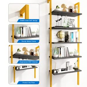 DKLGG 5-Tier Book Shelf Rack Against The Wall, Tall Ladder Shelf Wooden Bookcase Metal Frame Storage Plant and Flower, Single Standing Bookshelf Ladder ​for Living Room, Bedroom, Balcony, Home Office