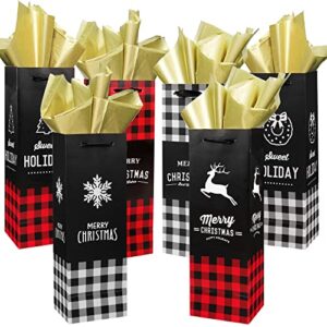 lulu home christmas bottle gift bags, set of 12 buffalo plaid wrapping bags with golden tissue paper, xmas bottle gift bags with ribbon handles, 13.9" x 4.7" x 3.9"