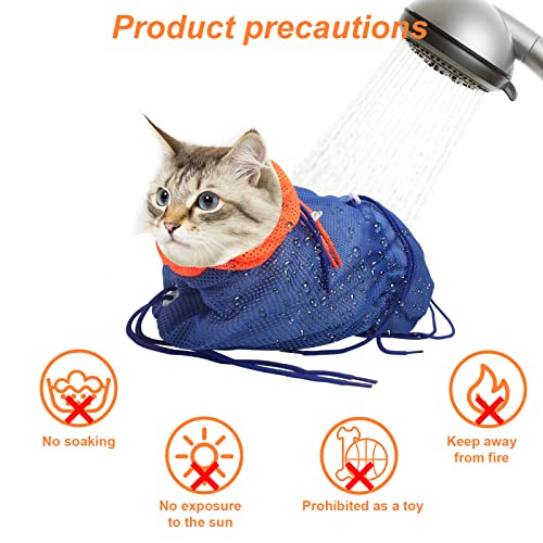 Catcan Cat Bathing Bag, Breathable Mesh Cat Shower Bag Anti Scratch Adjustable Cat Grooming Bag for Nail Trimming, Bathing Polyester Soft Cat Washing Bag (Blue-Orange)