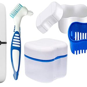 Denture Bath Cases with Denture Cleaner Brushes Denture Cups Denture Boxes Bath Dentures Container with Basket Denture Holder Denture Brush Retainer Case for Travel Retainer Cleaning (Blue)