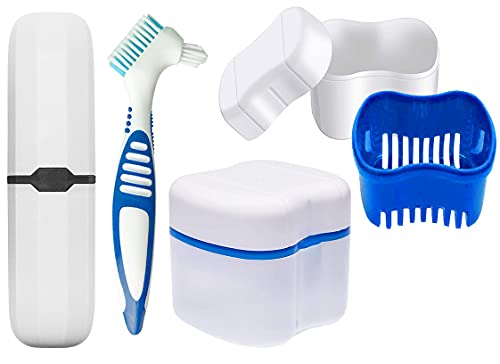 Denture Bath Cases with Denture Cleaner Brushes Denture Cups Denture Boxes Bath Dentures Container with Basket Denture Holder Denture Brush Retainer Case for Travel Retainer Cleaning (Blue)