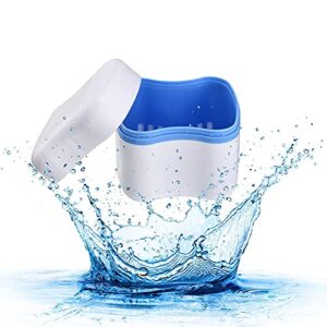 Denture Bath Cases with Denture Cleaner Brushes Denture Cups Denture Boxes Bath Dentures Container with Basket Denture Holder Denture Brush Retainer Case for Travel Retainer Cleaning (Blue)