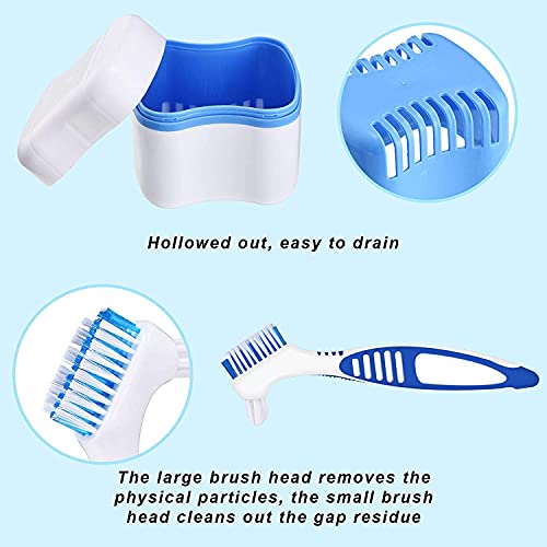 Denture Bath Cases with Denture Cleaner Brushes Denture Cups Denture Boxes Bath Dentures Container with Basket Denture Holder Denture Brush Retainer Case for Travel Retainer Cleaning (Blue)