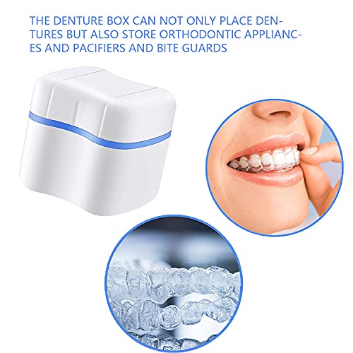 Denture Bath Cases with Denture Cleaner Brushes Denture Cups Denture Boxes Bath Dentures Container with Basket Denture Holder Denture Brush Retainer Case for Travel Retainer Cleaning (Blue)