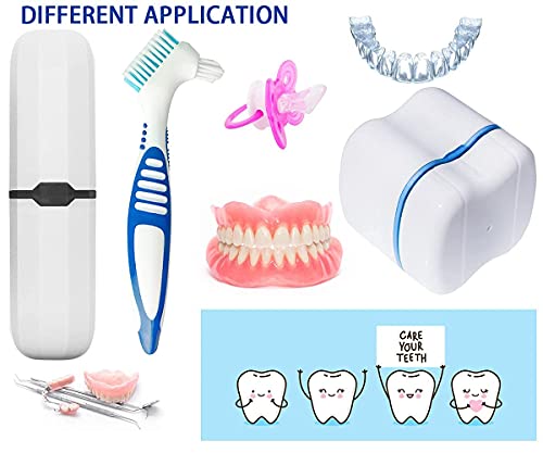 Denture Bath Cases with Denture Cleaner Brushes Denture Cups Denture Boxes Bath Dentures Container with Basket Denture Holder Denture Brush Retainer Case for Travel Retainer Cleaning (Blue)