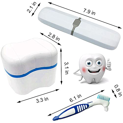 Denture Bath Cases with Denture Cleaner Brushes Denture Cups Denture Boxes Bath Dentures Container with Basket Denture Holder Denture Brush Retainer Case for Travel Retainer Cleaning (Blue)