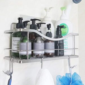 lulofun shower caddy basket shelf with hooks, kitchen bathroom toilet traceless adhesive storage organizer for shampoo razors, rustproof sus304 stainless steel no drilling rack