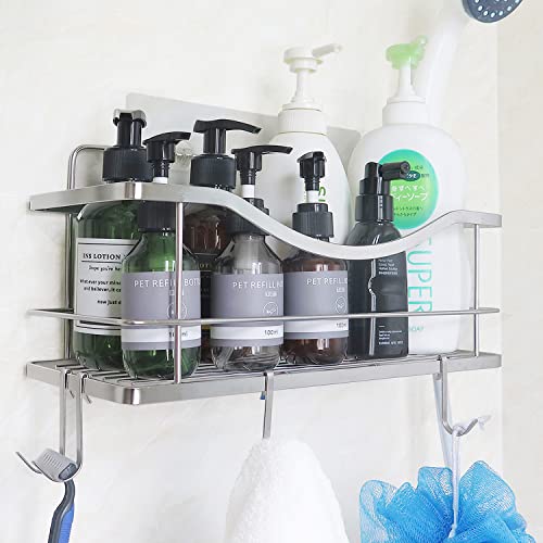 Lulofun Shower Caddy Basket Shelf with Hooks, Kitchen Bathroom Toilet Traceless Adhesive Storage Organizer for Shampoo Razors, Rustproof SUS304 Stainless Steel No Drilling Rack