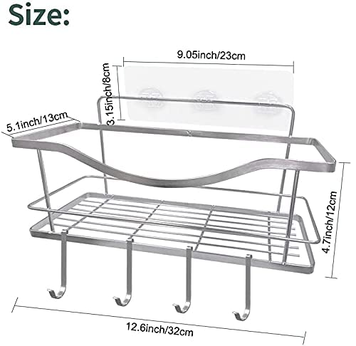 Lulofun Shower Caddy Basket Shelf with Hooks, Kitchen Bathroom Toilet Traceless Adhesive Storage Organizer for Shampoo Razors, Rustproof SUS304 Stainless Steel No Drilling Rack