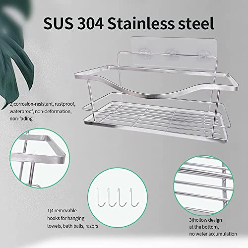 Lulofun Shower Caddy Basket Shelf with Hooks, Kitchen Bathroom Toilet Traceless Adhesive Storage Organizer for Shampoo Razors, Rustproof SUS304 Stainless Steel No Drilling Rack