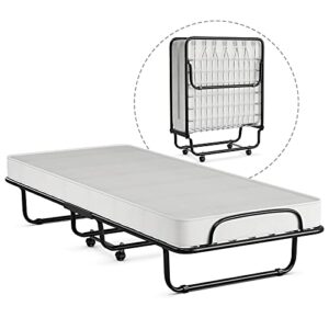 goflame folding bed with memory foam mattress, portable bed cot size with metal frame and wheels for kids and adults, rollaway guest bed for home and office, made in italy