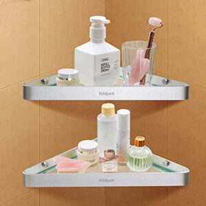 wildpark glass shower shelf, corner shower caddy, wall mounted bathroom storage organizer,no drilling need with adhesive for bathroom,kitchen, toilet and dorm, 2-pack (2 pack)