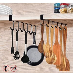 shbaizoy 2pcs utensil racks under cabinet,nail free adhesive kitchen utensils hanging hooks for kitchen utensils/tools/pot/towel/knife/ties belts/scarf/keys storage/cups(black)