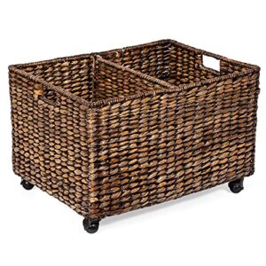 birdrock home rolling storage and recycling bin - brown wash - handwoven - divided decorative cart - kitchen - paper cans glass plastic sorter - toy blanket storage