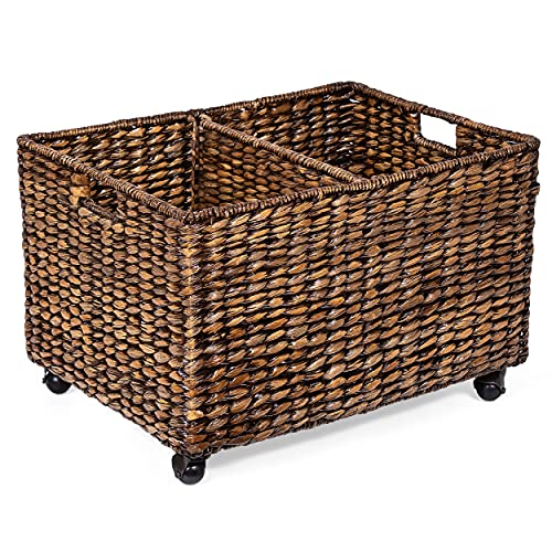 BIRDROCK HOME Rolling Storage and Recycling Bin - Brown Wash - Handwoven - Divided Decorative Cart - Kitchen - Paper Cans Glass Plastic Sorter - Toy Blanket Storage