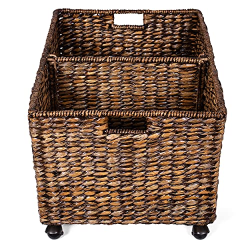 BIRDROCK HOME Rolling Storage and Recycling Bin - Brown Wash - Handwoven - Divided Decorative Cart - Kitchen - Paper Cans Glass Plastic Sorter - Toy Blanket Storage