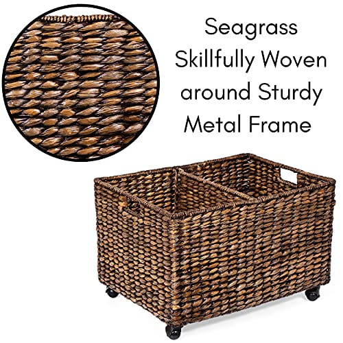 BIRDROCK HOME Rolling Storage and Recycling Bin - Brown Wash - Handwoven - Divided Decorative Cart - Kitchen - Paper Cans Glass Plastic Sorter - Toy Blanket Storage