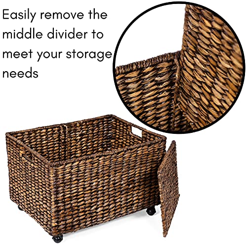 BIRDROCK HOME Rolling Storage and Recycling Bin - Brown Wash - Handwoven - Divided Decorative Cart - Kitchen - Paper Cans Glass Plastic Sorter - Toy Blanket Storage