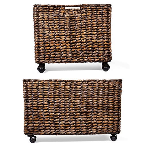 BIRDROCK HOME Rolling Storage and Recycling Bin - Brown Wash - Handwoven - Divided Decorative Cart - Kitchen - Paper Cans Glass Plastic Sorter - Toy Blanket Storage